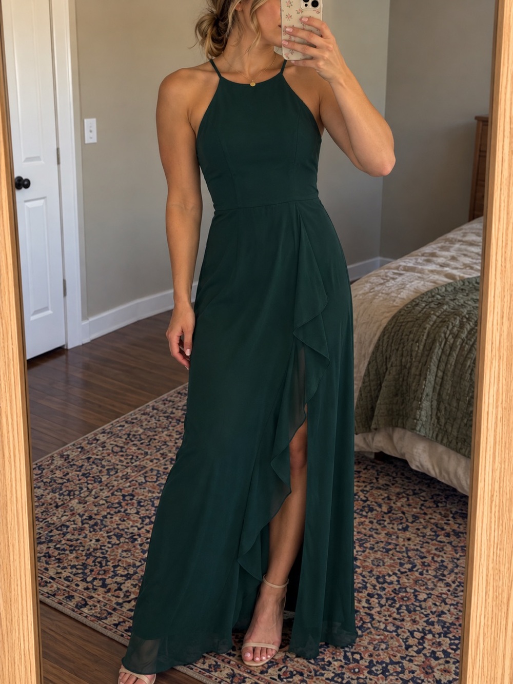 David's Bridal Forest Green Halter Ruffle-Slit Maxi Dress